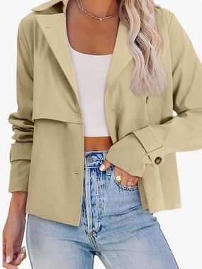 🆕 AGSEEM Womens Cropped Trench Coat Casual Single Breasted L